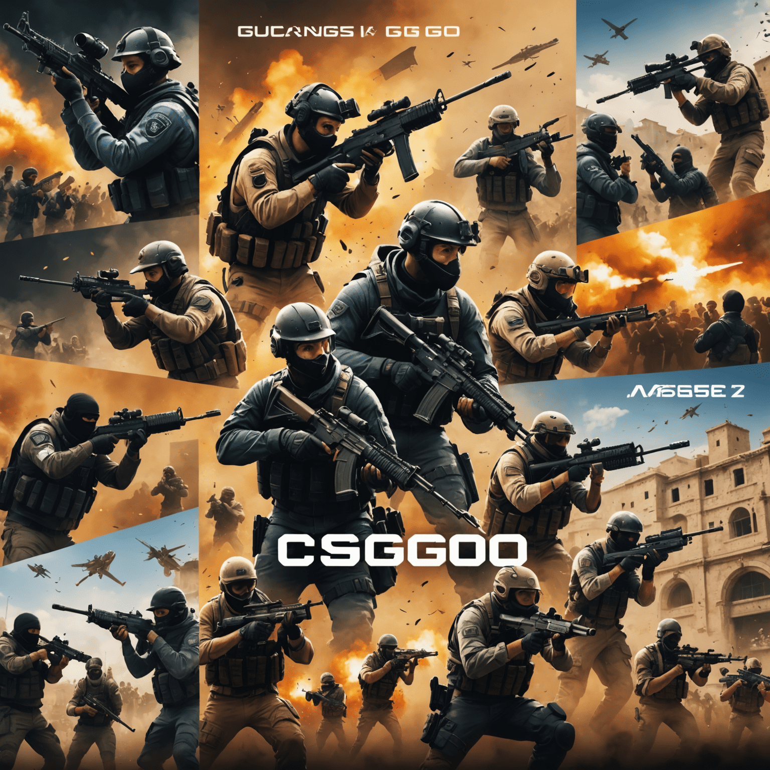 A dynamic collage showcasing various CS:GO elements: players in action, iconic weapons, popular maps, and a cheering esports crowd