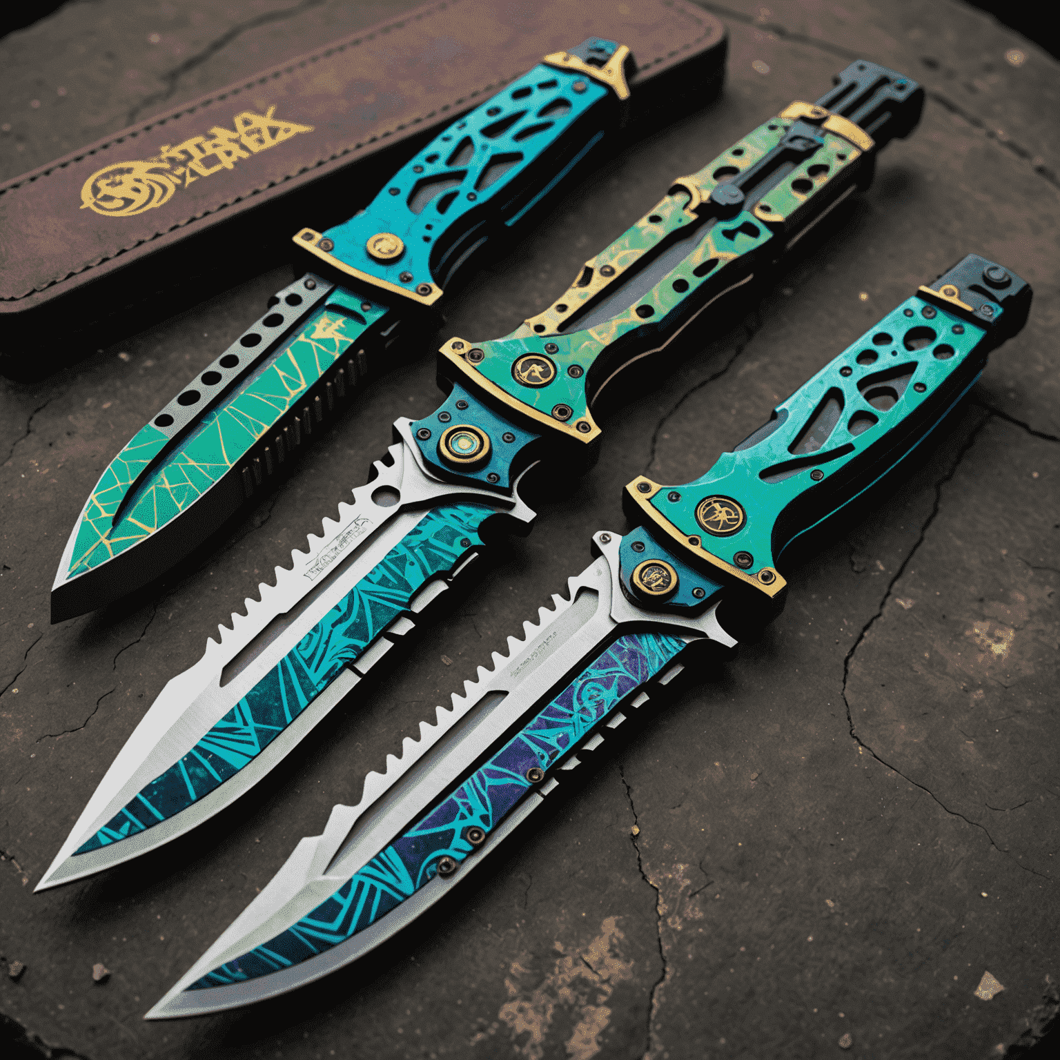 Close-up images of the StatTrak™ Factory New Butterfly Knife Gamma Doppler Emerald, Souvenir AWP Dragon Lore, and AK-47 Case Hardened Blue Gem, showcasing their unique patterns and textures